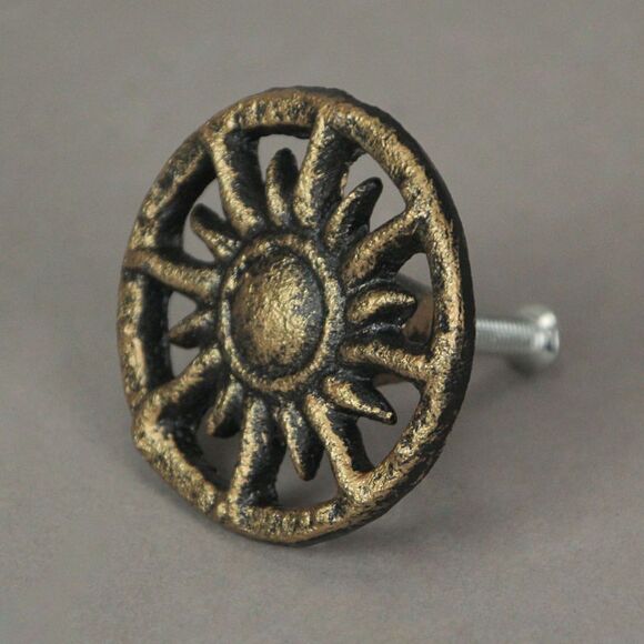 Set of 6 Antique Golden Sun Cast Iron Drawer Pulls Cabinet Knob Home Decor - Picture 9 of 10